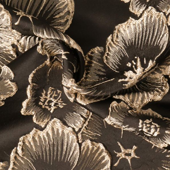 Tissu Jacquard Allover Iris fleurs Dorées sur fond Noir profond - Par 10 cm