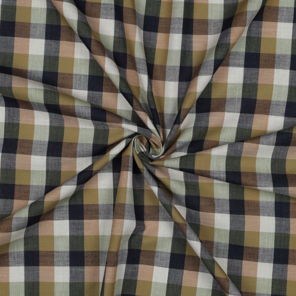 Tissu Voile de Coton fil teint imprimé carreaux sur fond Ecru - Par 10 cm