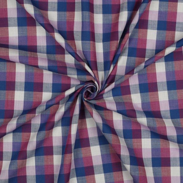 Tissu Coton fil teint carreaux Bleu, Rose Framboise & Lila sur fond Blanc - Par 10 cm