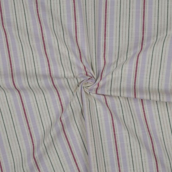 Tissu Coton fil teint rayé Lurex Lilas, Framboise & Vert sauge sur fond Ecru - Par 10 cm
