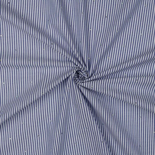 Tissu Coton fil teint rayé Bleu et strass sur fond Blanc cassé - Par 10 cm