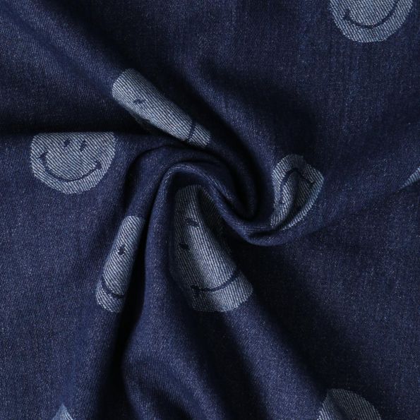 Tissu Jean jacquard Andréa smiley Bleu sur fond Bleu marine - Par 10 cm