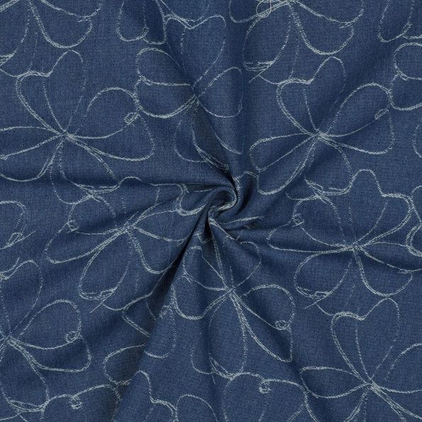 Tissu Jean Denim Coton grandes fleurs sur fond Bleu denim - Par 10 cm