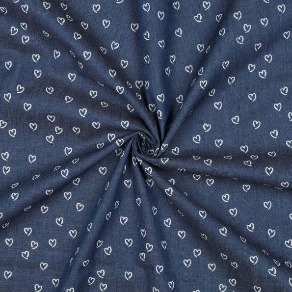 Tissu Jean Denim Coton petits coeurs Blancs sur fond Bleu indigo - Par 10 cm