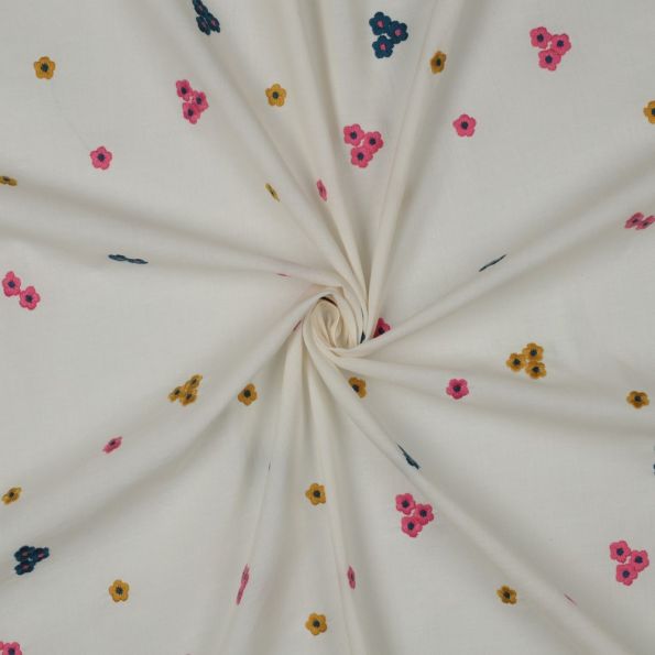 Tissu Voile de Coton brodé Petites fleurs Rose, Bleu et Or sur fond Ecru - Par 10 cm