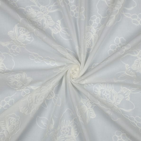 Tissu Voile de Coton brodé motif floral Ivoire sur fond Blanc - Par 10 cm