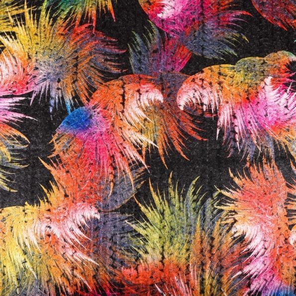 Tissu Jacquard Lainage Plumes Carnaval Multicolore sur fond Noir - Par 10 cm