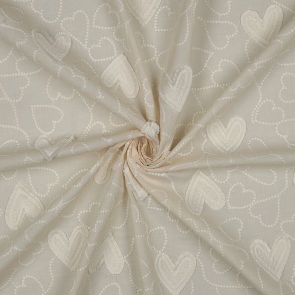 Tissu Coton brodé Coeurs sur fond Ecru - Par 10 cm