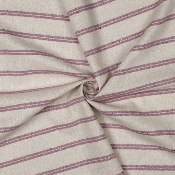 Tissu Lin Sequins rayures Vieux Rose sur fond Naturel - Par 10 cm