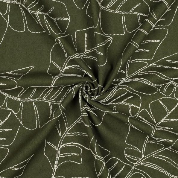 Tissu Lin Viscose Feuilles brodées sur fond Vert kaki - Par 10 cm