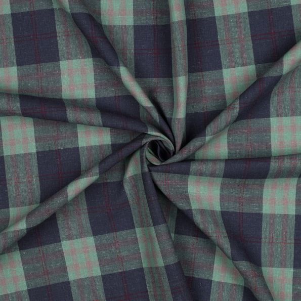 Tissu Lin Viscose carreaux Bleu et quadrillage Rouge sur fond Vert clair - Par 10 cm