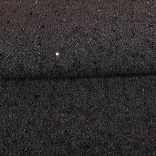 Tissu Maille Pull Mini pompom et paillettes sur fond Noir - Par 10 cm