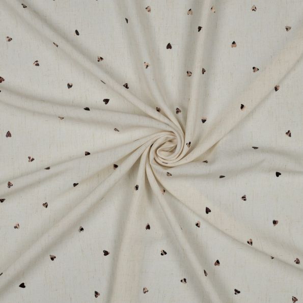 Tissu Lin Viscose petits Coeurs Brun brillants sur fond Ecru - Par 10 cm