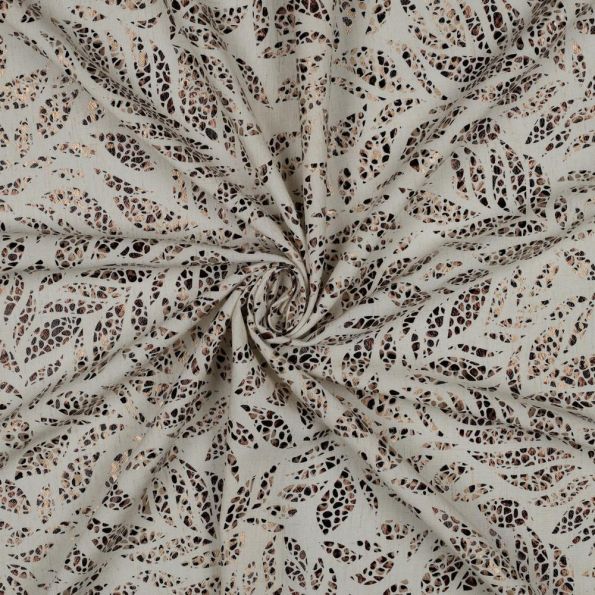Tissu Lin Viscose feuillage reflets doré sur fond Ecru - Par 10 cm