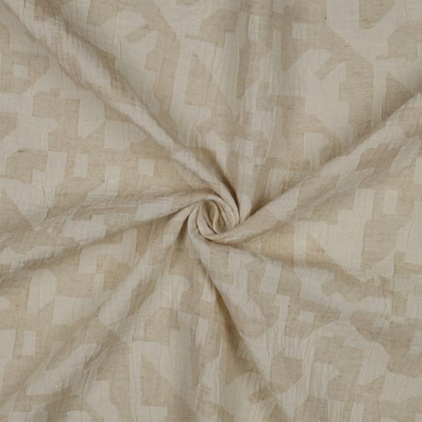 Tissu Jacquard Lin Coton imprimé Graphique sur fond Beige sable - Par 10 cm