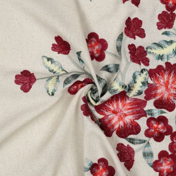 Tissu Lin Viscose broderie fleurs Rouge sur fond Ecru - Par 10 cm