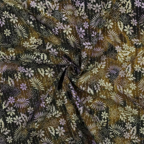 Tissu Batik de Viscose fleurs et feuilles sur fond Brun - Par 10 cm