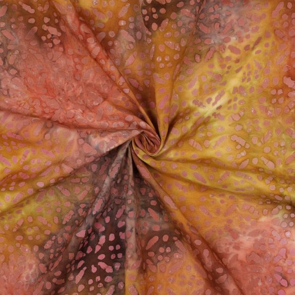 Tissu Batik de Viscose fines rosaces sur fond Terre de Sienne - Par 10 cm