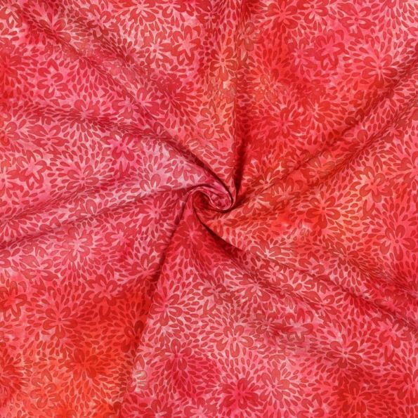 Tissu Batik de Viscose floral lumineux sur fond Rose corail - Par 10 cm