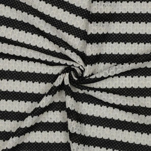 Tissu Jacquard Tricoté Rayures Noir sur fond Ecru - Par 10 cm