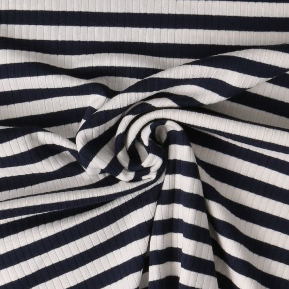 Tissu Jersey Bord Côte rayé Marinéa sur fond Blanc - Par 10 cm