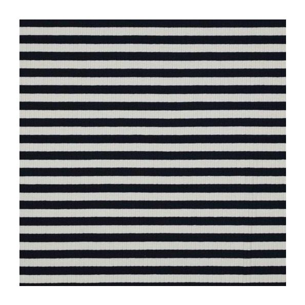 Tissu Jersey Maille Polo rayé Blanc sur fond Bleu marine - Par 10 cm