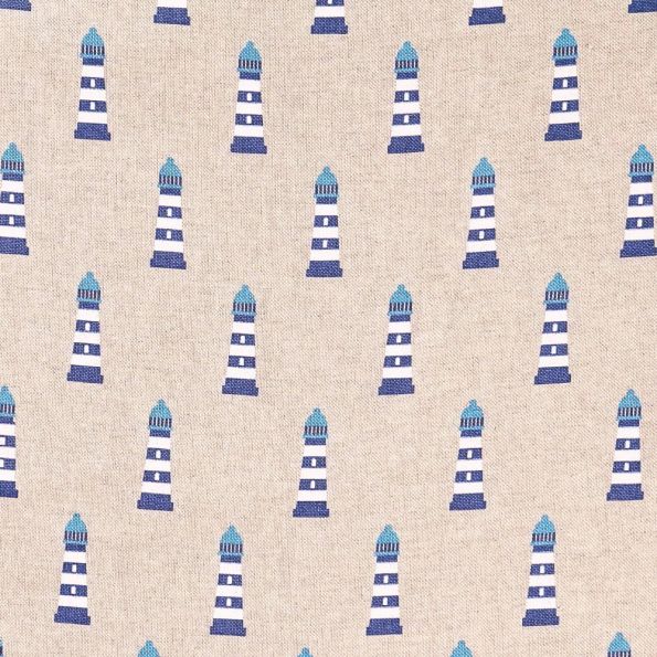 Tissu Toile Coton Phares bleus et blancs sur fond Beige - Par 10 cm