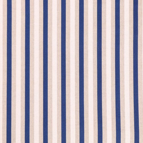 Tissu Toile Coton Rayures Blanches et bleu marine sur fond Beige - Par 10 cm