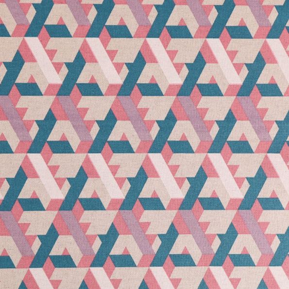 Tissu Toile Coton Motifs géométriques Bleu canard, roses et mauve sur fond Beige - Par 10 cm