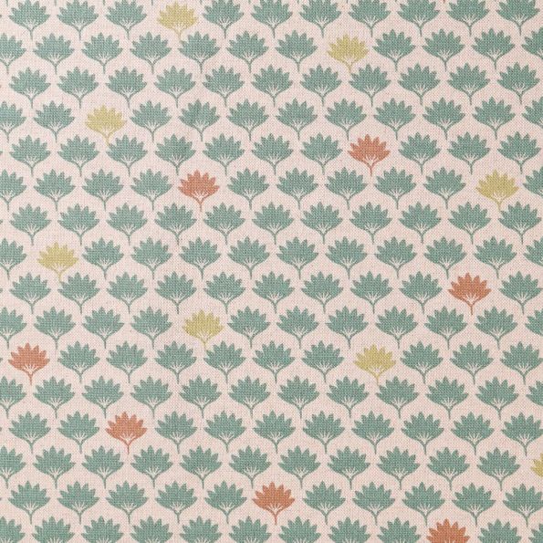 Tissu Toile Coton Feuilles de palmiers Vertes et marrons sur fond Beige - Par 10 cm