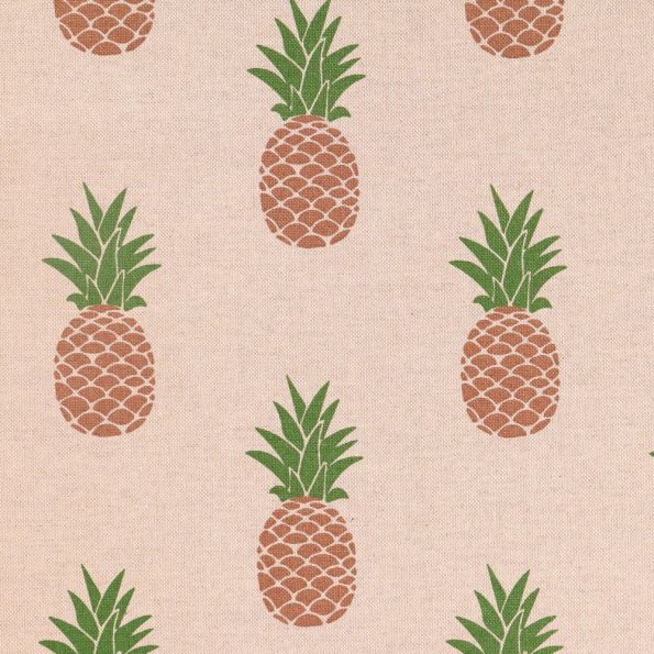 Tissu Toile de Coton Ananas Marrons et verts sur fond Beige - Par 10 cm