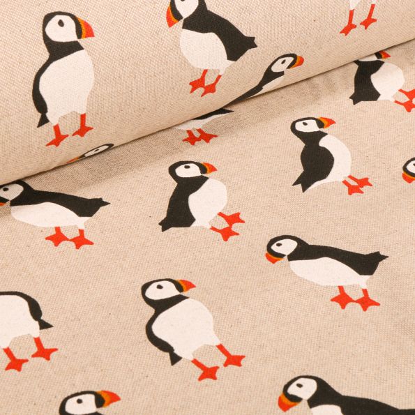 Tissu Toile de Coton Pingouin sur fond Naturel - Par 10 cm