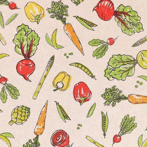Tissu Toile Coton Légumes Multicolores sur fond Beige - Par 10 cm