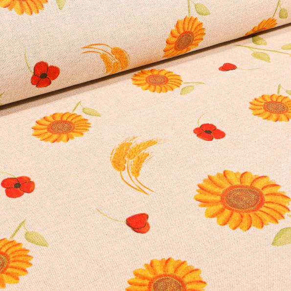 Tissu Toile de Coton Tournesols et blés sur fond Naturel - Par 10 cm