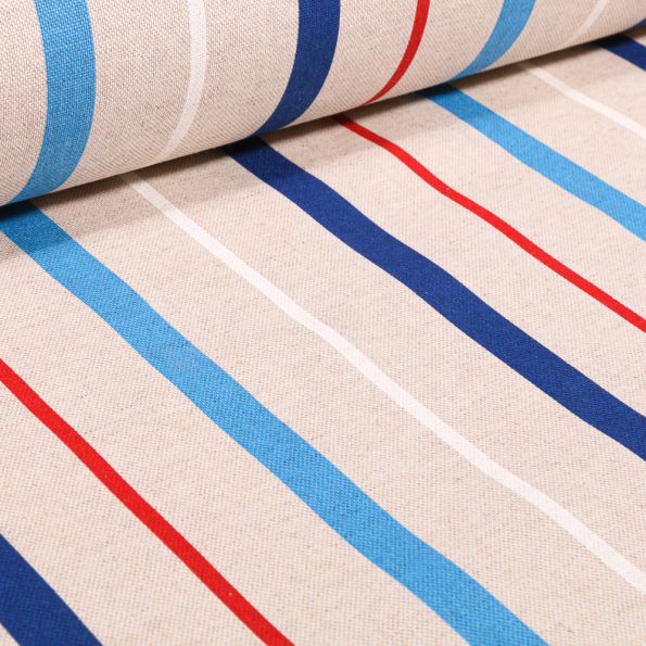 Tissu Toile de Coton Rayures bleu blanc rouge sur fond Naturel - Par 10 cm