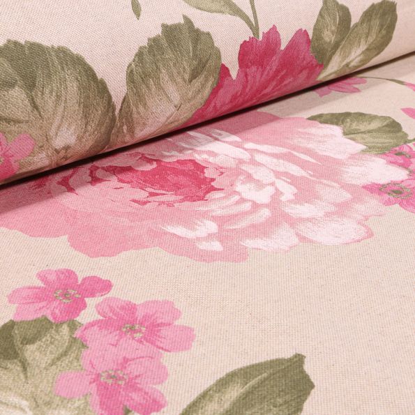 Tissu Toile de Coton Pivoines rose sur fond Naturel - Par 10 cm