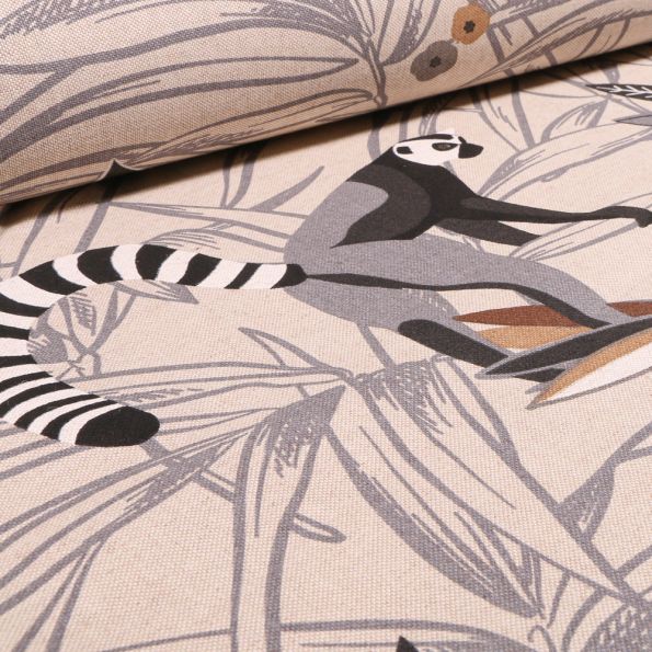 Tissu Toile de Coton Lémuriens et feuilles sur fond Naturel - Par 10 cm