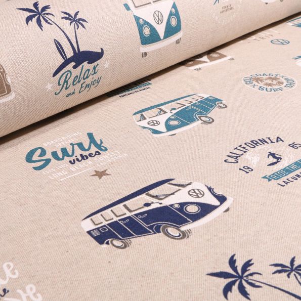 Tissu Toile de Coton Combi Volkswagen Surf Vibes sur fond Naturel - Par 10 cm