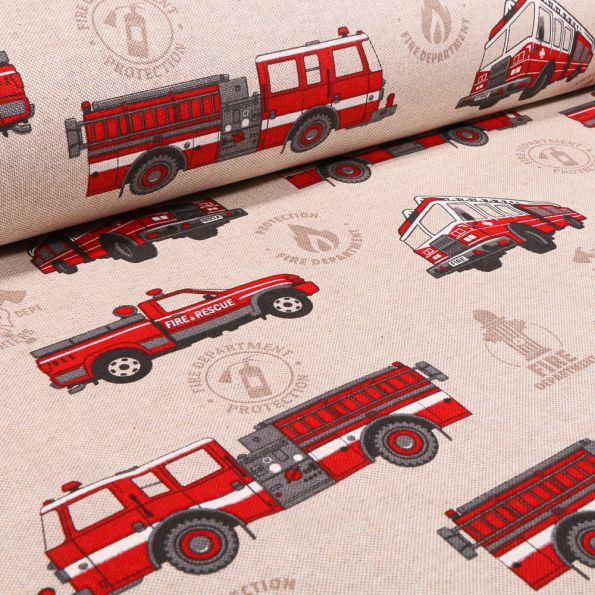 Tissu Toile de Coton Camions pompier sur fond Naturel - Par 10 cm