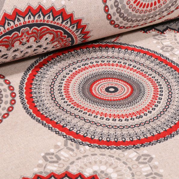 Tissu Toile de Coton Rosaces mandala rouge sur fond Naturel - Par 10 cm