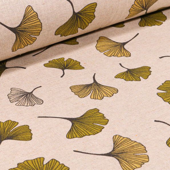 Tissu Toile de Coton Grandes feuilles Ginkgo sur fond Naturel - Par 10 cm