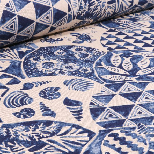 Tissu Toile de Coton Mer et coquillages sur fond Naturel - Par 10 cm
