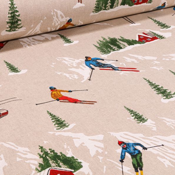 Tissu Toile de Coton Ski alpin sur fond Naturel - Par 10 cm