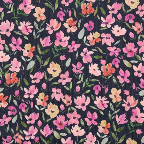 Tissu Velours milleraies Poppy Fleurs roses sur fond Bleu marine - Par 10 cm