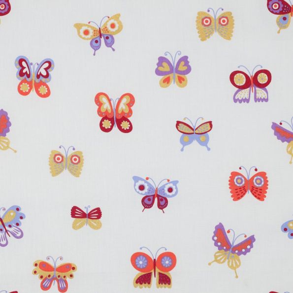 Tissu Popeline de Coton  papillons Popi multicolores sur fond Blanc - Par 10 cm
