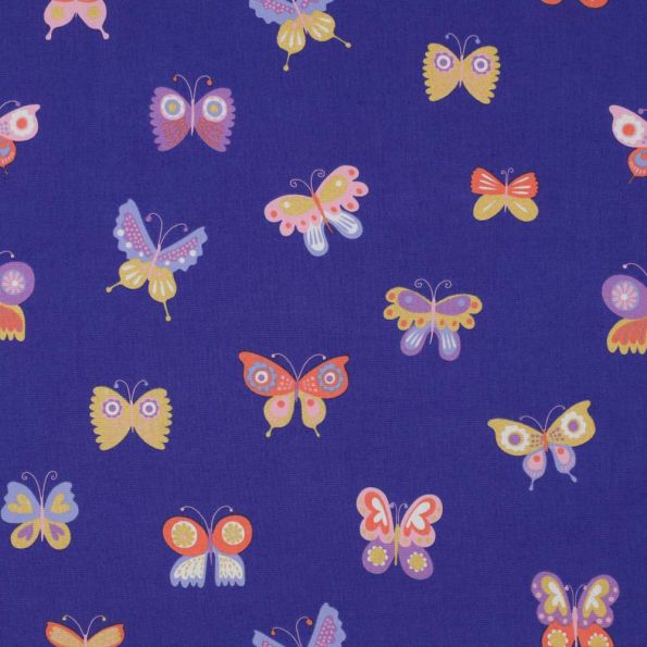 Tissu Popeline de Coton  papillons Popi multicolores sur fond Bleu roi - Par 10 cm
