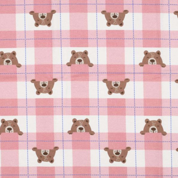 Tissu Flanelle de Coton Poppy Carreaux roses et oursons marron sur fond Blanc - Par 10 cm