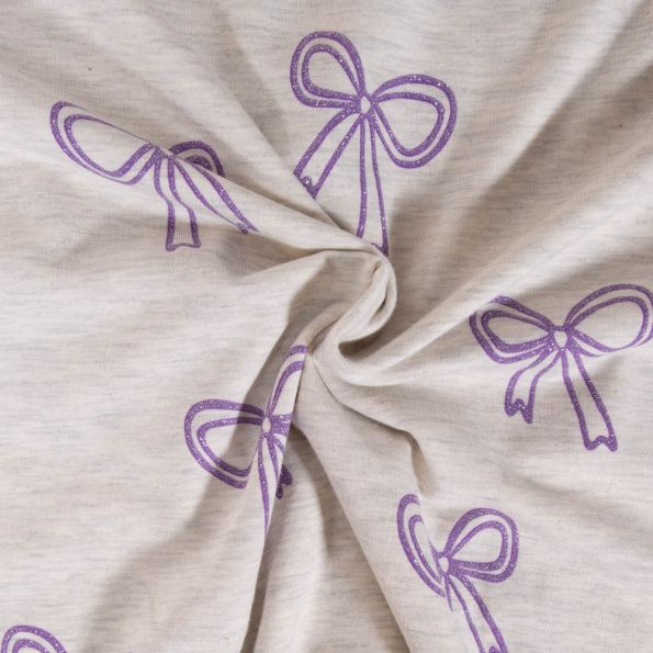 Tissu Jersey Mélangé Poppy Noeuds pailletés violets sur fond Ecru chiné - Par 10 cm