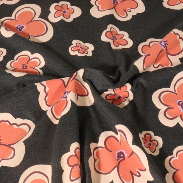 Tissu Jersey Polycoton Poppy Fleurs rosées sur fond Gris anthracite chiné - Par 10 cm