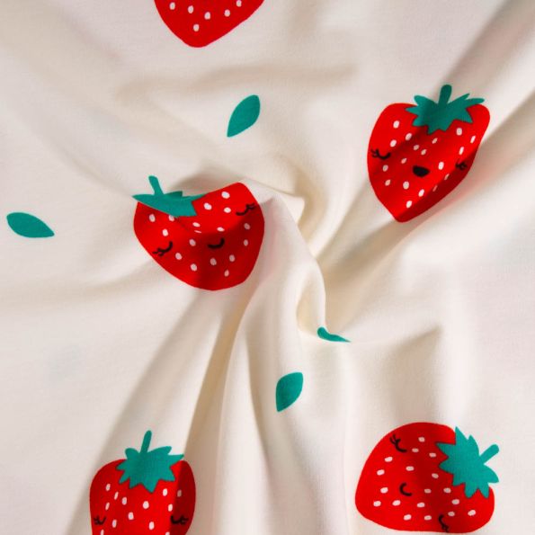 Tissu Sweat léger Poppy envers gratté Fraises smiley sur fond Ecru - Par 10 cm